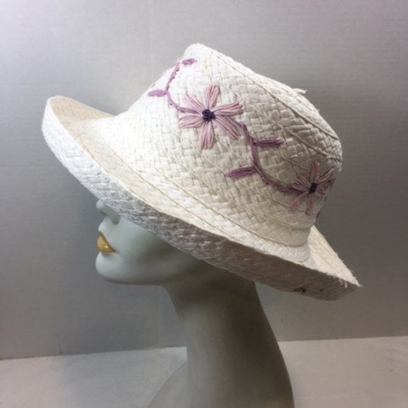 White Woven Sun Hat w/Purple Embroidered Flowers - Picture 2 of 14